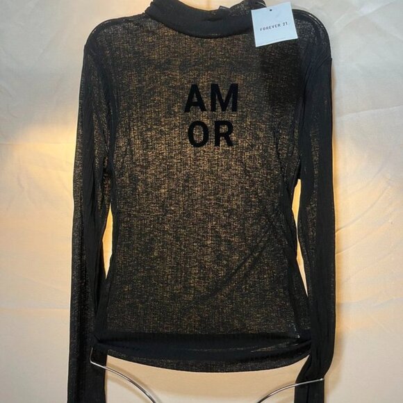 Forever 21 Ribbed “AMOR” Mock Neck Top – Black Small NWT - Picture 6 of 7